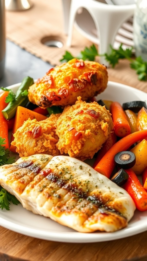 A plate with crispy air-fried chicken, roasted vegetables, and fish fillet, set in a cozy kitchen.